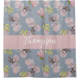 Cortina Para Box Cor adorável monograma azul floral e rosa