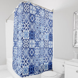 Cortina Para Box Cor da Água do Padrão do Azulejo Branco Azul do Me