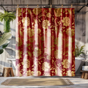Cortina Para Box Cor damasco Floral Vermelha Dourada e Borgonha