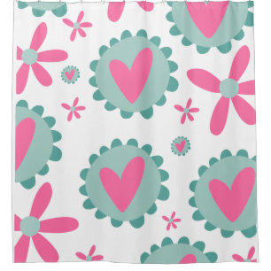 Cortina Para Box Corações Rosa E Flores Rosa Padrão