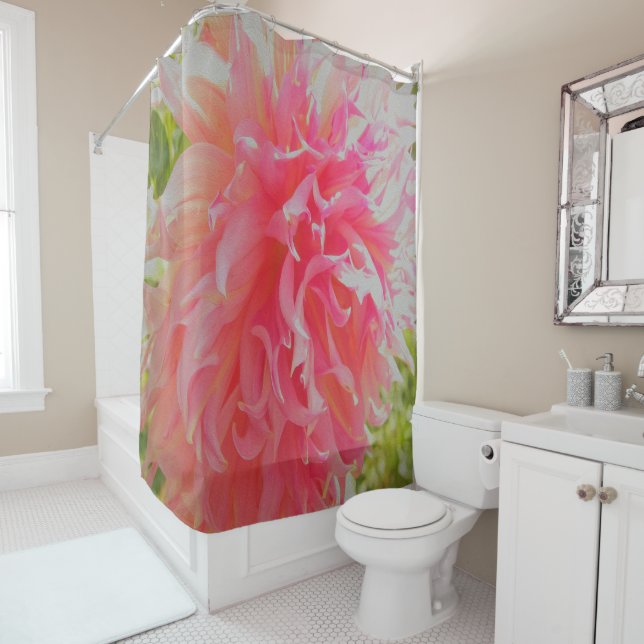 Cortina Para Box Coral Elegante e Dália Decorativa Rosa (In Situ)