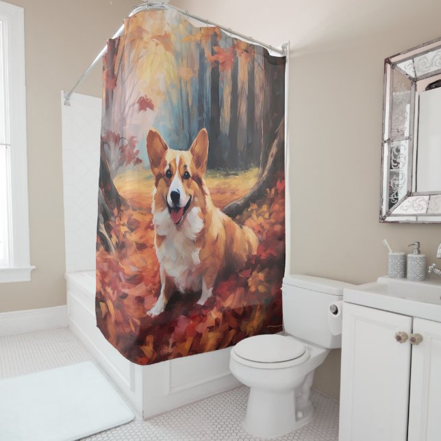 Cortina Para Box Corgi no Outono Folhas Caem Inspiram (In Situ)