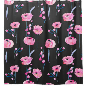 Cortina Para Box Corpo-d-água, papoilas cor-de-rosa e ramos florai