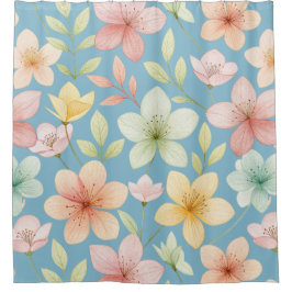 Cortina Para Box "Cortina de Banho Floral em Aquarela Azul Pastel"