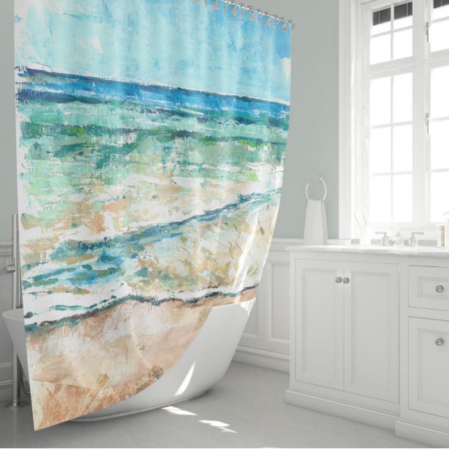 Cortina Para Box Cortina de Chá Costeira da Beach House (Beach House Coastal Artwork Shower Curtain by Jenn's Emporium.)
