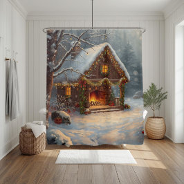 Cortina Para Box Cozy Cabin Fireplace Christmas Shower Curtain