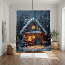 Cortina Para Box Cozy Snowy Cabin Christmas Winter Forest