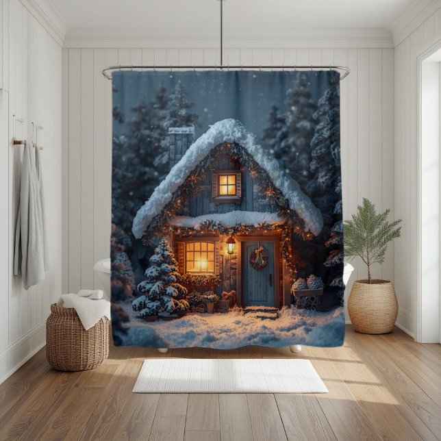 Cortina Para Box Cozy Snowy Cabin Christmas Winter Forest (Criador carregado)