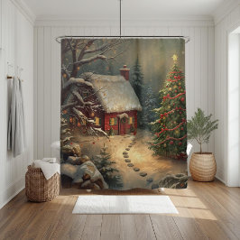 Cortina Para Box Cozy Winter Cabin Christmas Tree Watercolor Snowy 