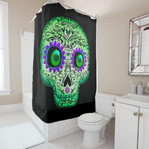 Cortina Para Box Cranio de Açúcar Preto Brilhante Verde e Roxo de H