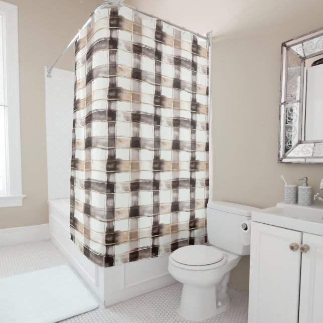Cortina Para Box Cream Brown Plaid Stripes   (In Situ)