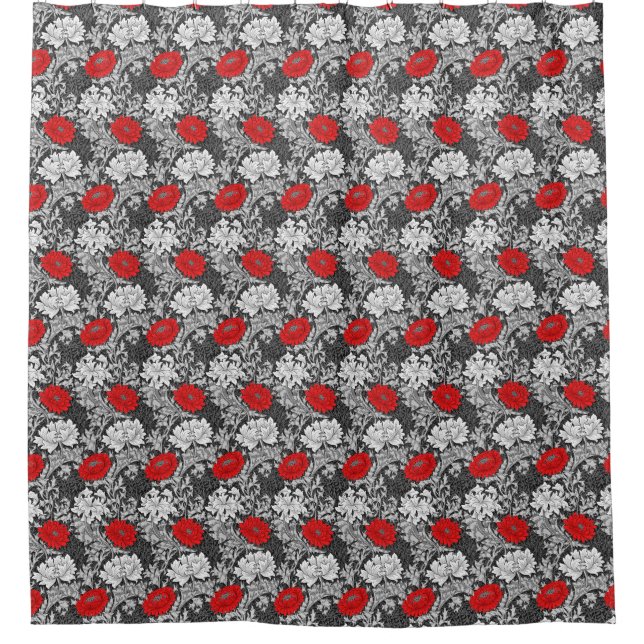 Cortina Para Box Crisântemos de William Morris, Cinza e Vermelho (Frente)