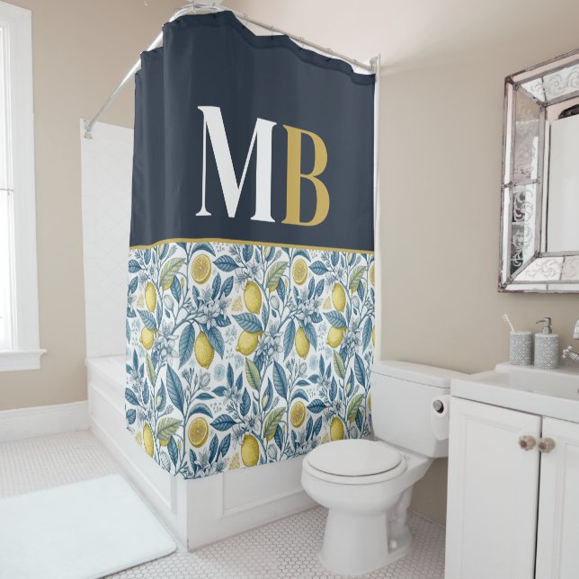 Cortina Para Box Custom Elegant Mediterranean Lemon Botanical Navy (In Situ)