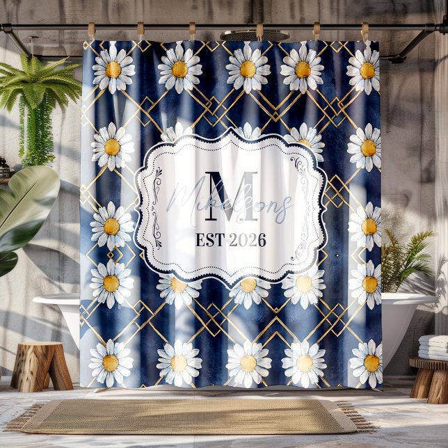 Cortina Para Box Custom Navy Daisy Gingham Monogram Decor (Criador carregado)