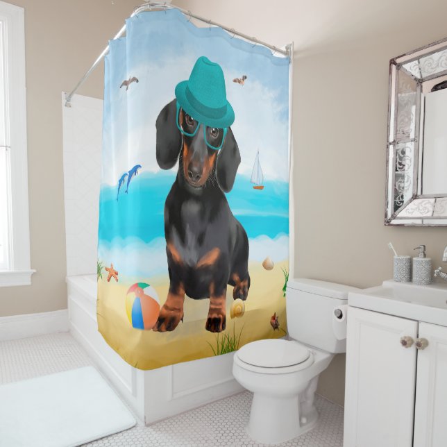 Cortina Para Box Dachshund Dog em Beach (In Situ)