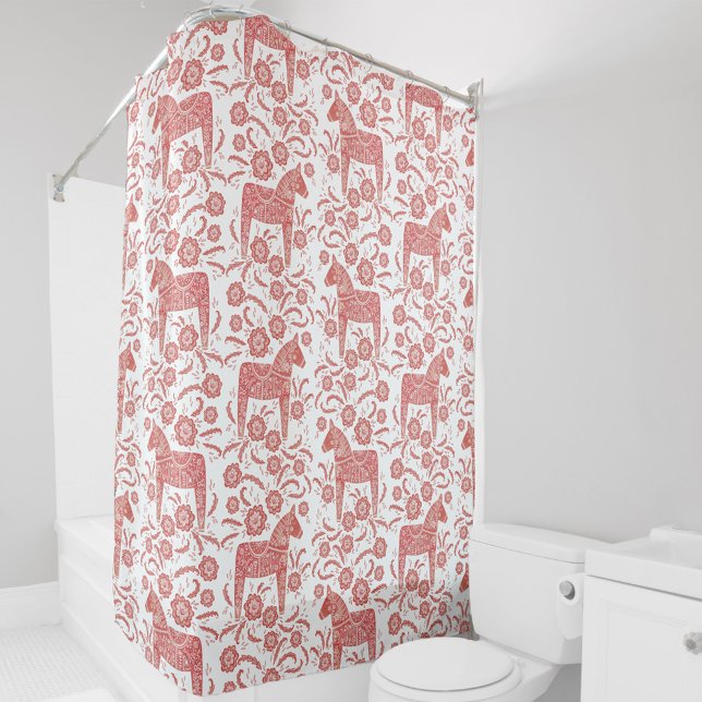 Cortina Para Box Dala Horse Red e White Suecos (Swedish Dala Horse red and white pattern shower curtain)
