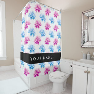 Cortina Para Box Dália Rosa e Azul, Padrão Floral, Seu Nome
