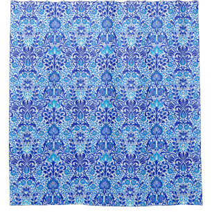Cortina Para Box Damásco Floral Jacobino, Azul Cobalto e Branco
