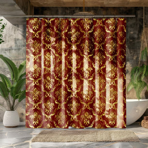 Cortina Para Box Damasco geométrico Dourado e vermelho escuro
