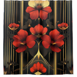 Cortina Para Box Deco Floral Dourado Geométrico e Vermelho