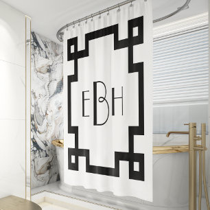 Cortina Para Box Deco Monograma Branco Preto Limite Grego