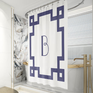 Cortina Para Box Deco Monograma Inicial com Borda Chave Grega Azul 