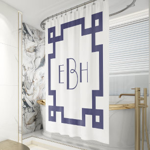 Cortina Para Box Deco Monograma Marinho Branco Azul Limite Chave Gr