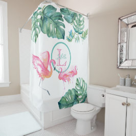 Cortina Para Box Decoração de Banheiro Flamingo Rosa Monograma Trop