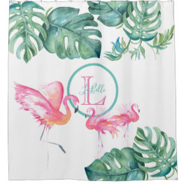 Cortina Para Box Decoração de Banheiro Flamingo Rosa Monograma Trop
