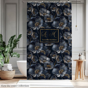 Cortina Para Box Decoração de Banheiro Floral Azul Marinho e Dourad