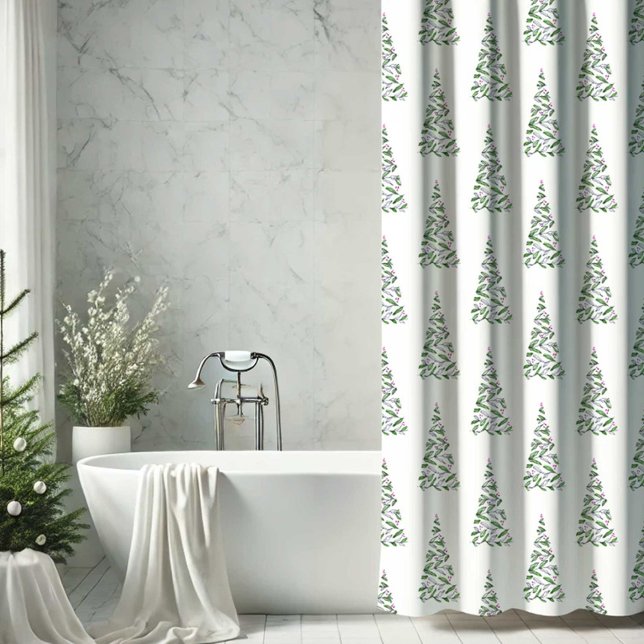 Cortina Para Box Decoração de Natal do Scandi (Scandi Christmas shower curtain decor features holiday tree art Victoria Grigaliunas DoTellABelle)