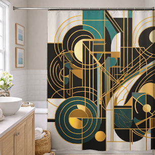 Cortina Para Box Desenho Abstrato Preto Cinza Dourado Azul Turquesa
