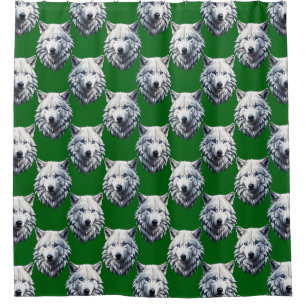 Cortina Para Box Desenho de padrão de cabeça de lobo branco verde