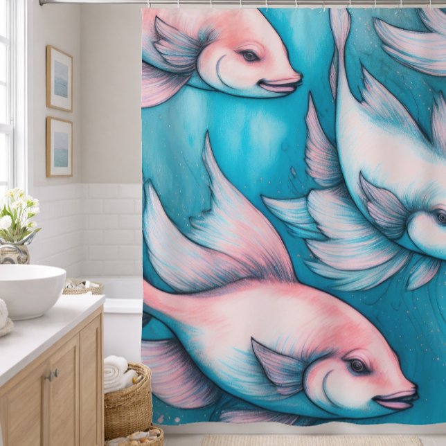 Cortina Para Box Desenho de peixe com giz azul rosa (Criador carregado)