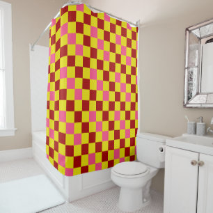 Cortina Para Box Design de padrão xadrez vermelho amarelo rosa