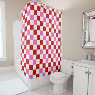 Cortina Para Box Design de padrão xadrez vermelho branco rosa
