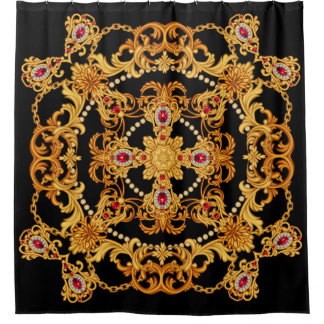 Cortina Para Box Design of silk scarf with ruby gem stones and gold
