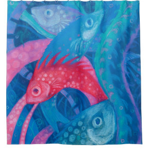 Cortina Para Box Desova, Peixe Submarino Pintura Cor-de-rosa Azul