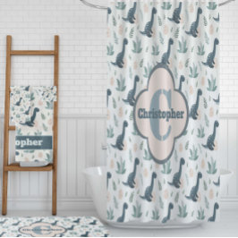 Cortina Para Box Dinossauro Verde Azul Cinto com Folhagem e Ovos