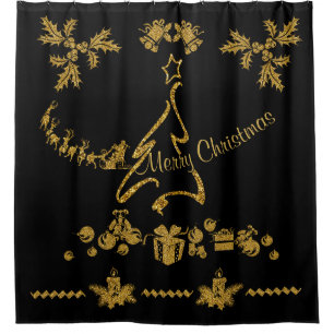 Cortina Para Box Dourada Glitter Feliz Natal, Papai Noel