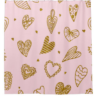 Cortina Para Box Dourado brilho dos corações: padrão de fundo rosa