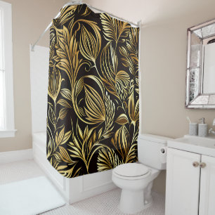 Cortina Para Box Dourado Padrão Floral A Preto