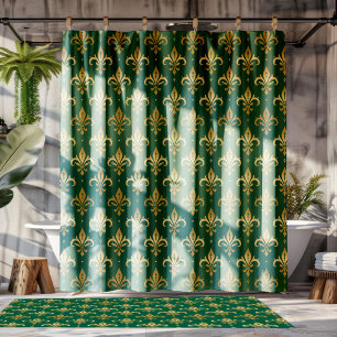 Cortina Para Box Dourado padrão uniforme de pulgas-de-lis em verde