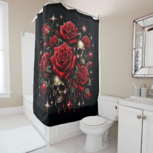Cortina Para Box Dourados crânios e Rosa vermelha Glamor Gótico Spa