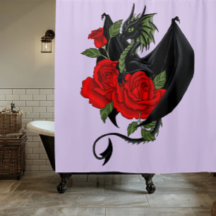 Cortina Para Box Dragão Preto Místico Rosas Vermelhas Lavanda Gótic