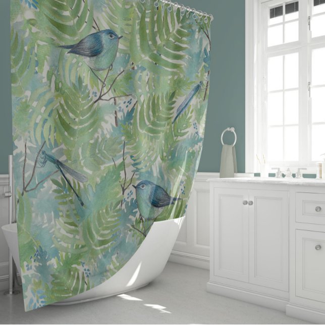 Cortina Para Box Dragões para aves brancas azuis (Elegant Birds Dragonflies Blue Fern Plants Floral Shower Curtain from Studio Posies.)
