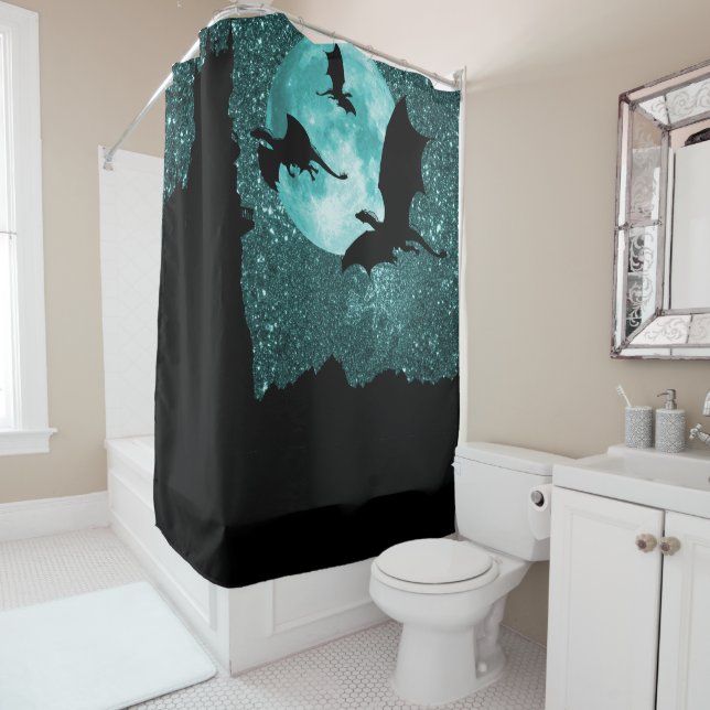 Cortina Para Box Dragões voando, castelo montanhoso/lua (In Situ)