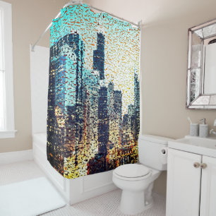Cortina Para Box Edifícios da cidade azul em mosaico com alivio
