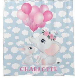 Cortina Para Box Elefante Feminino e Coelho com Flores e Balão
