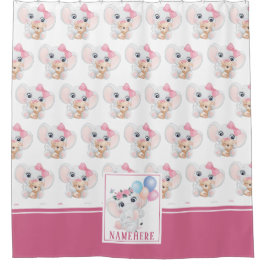 Cortina Para Box Elefante Rosa Feminino com Laço e Padrão de Balão